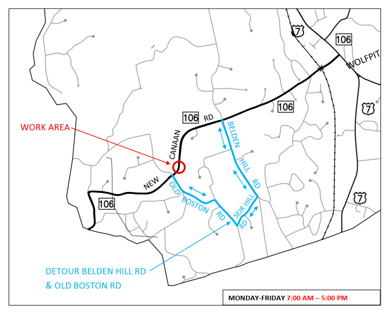 detour-rt-106 map of detour for Route 106, Belden Hill Road to Old Boston Road