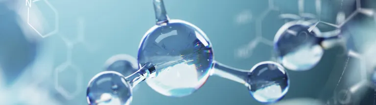 Transparent water droplets and molecular structures against a soft blue background, representing chemistry, science, and molecular bonding.